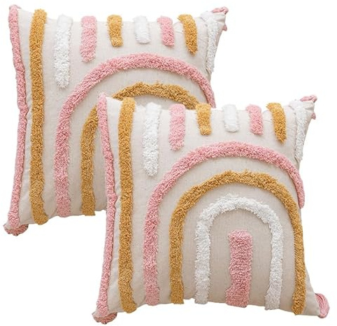 MEILIHEN 2er Set minimalistischer Stil 45x45cm, Komfort Akzentkissenbezüge für die Couch, weiche Baumwolle und Leinen， Regenbogenfarbener Sofakissenbezug，Moderner dekorativer Kissenbezug (Regenbogen)