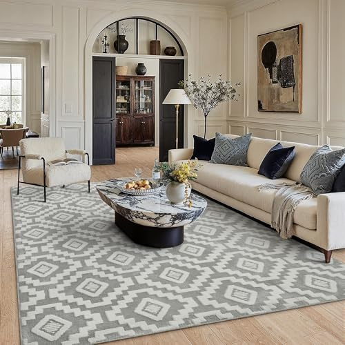 PureCozy Grau Weiß Teppich Wohnzimmer 240x300cm Boho Schlafzimmer Waschbarer Groß Teppiche 3D Effekt Gegend Kurzflor Flauschig Rutschmatte Esszimmer Kinderzimmer Bettvorleger Carpet