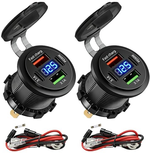 Aicharynic Lot de 2 prises USB 4 ports 12 V - Chargeur USB en aluminium - Affichage numérique PD30W/QC3.0 - Prise encastrable 12 V avec voltmètre - Pour voiture, camping-car, bateau, moto