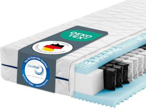 PURAMED Taschenfederkernmatratze Komfort Plus 140x200 cm | Härtegrad H4 | Höhe 24 cm | 7-Zonen Matratze | waschbarer Doppeltuch-Bezug | Oeko-TEX® & CertiPUR Zertifiziert | produziert in Deutschland
