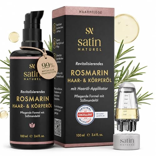 Satin Naturel Aceite de Romero Bio para el Cabello 100 ml – Aceite Capilar de Romero para Cuero Cabelludo y Cabello – con Aceite de Girasol y Almendra – con Aplicador para Masaje del Cuero Cabelludo