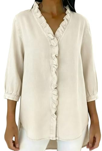 ThiCc Camicia da donna in denim vintage, casual, con scollo a V, con volant, abbottonatura sul davanti, maniche a 3/4, leggera, fluida, per uso quotidiano, ufficio, vacanze, Beige, 3XL