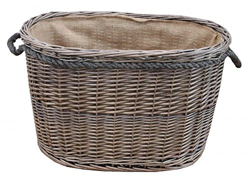 Katie Jane HOME Antique Wash Oval Wicker Log Basket Lined Large