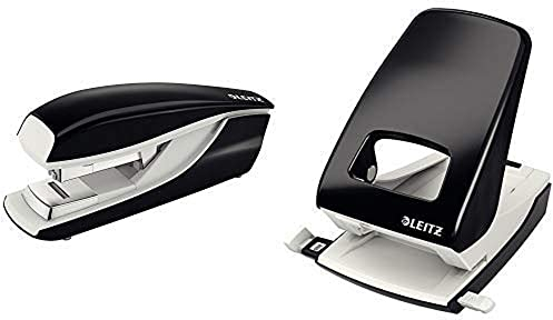 Leitz 55230095 Flach-Heftgerät (40 Blatt, Ergonomisches Metallgehäuse, Inkl. Heftklammern, Nexxt) schwarz & Locher, 40 Blatt, Schwarz, Anschlagschiene mit Formatvorgaben, Metall, NeXXt, 51380095