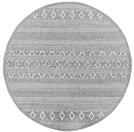 the carpet Calgary - Outdoor Teppich Wetterfest für Balkon & Terrasse, Robuster Flachgewebe Teppich für Garten, Pflegeleicht In- & Outdoor, Boho Vintage Design, Grau-Uni, 120 cm Rund