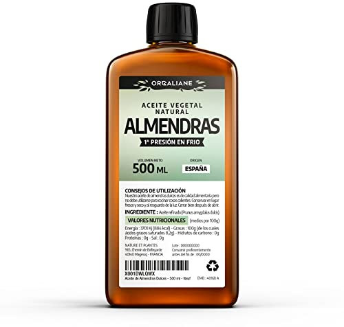 Aceite de Almendras Dulces - 500 mililitros - ORGALIANE - 100% Natural y Prensado en Frío