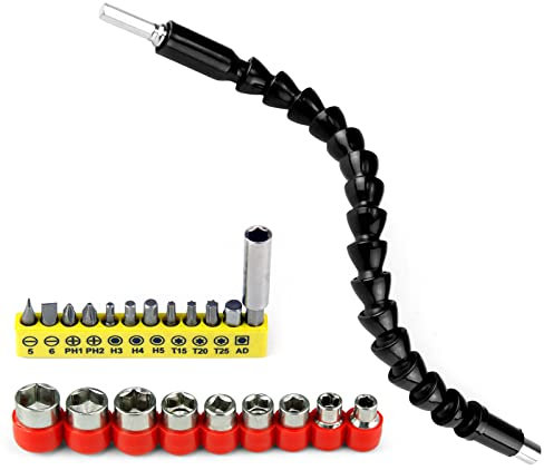 23pcs Flexible Drill Extension - 1/4 Magnetic Hex Soft Flexible Shaft Extension Bits - 9 Universal Nut Driver Drill Bit Set And 12 Screwdriver Bit Sets Included - Flex Bit Extension For Furniture