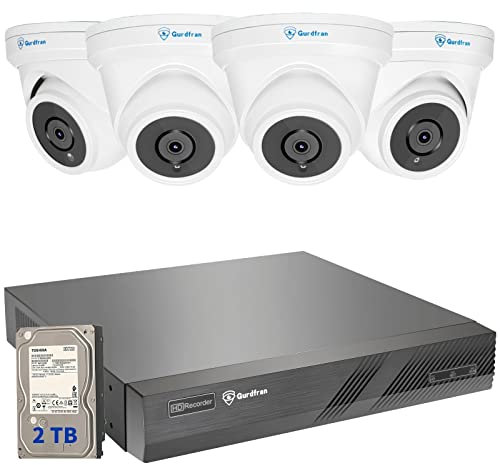 Gurdfran 8MP Kit Videocamera Sorveglianza di Sicurezza Esterno, Kit Videosorveglianza PoE con 8CH 4K 2TB NVR e 4X 8MP Dome Telecamera IP PoE, Rilevamento del Movimento, Visione Notturna
