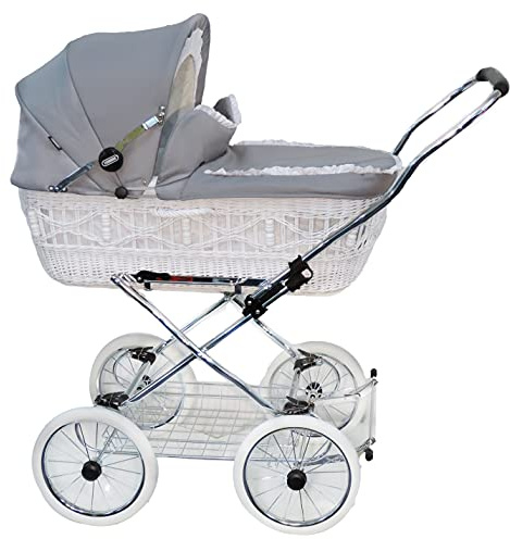 EICHHORN Kinderwagen Weidenkorb - Kinderwagen aus echter Weide, handgeflochten, Weide Weiß, Stoff Silbergrau