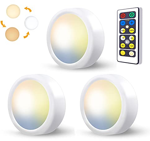 Luz Led Armario Pilas con Mando a Distancia, 3 Pcs 3 Colores Luz Led Vitrina Sin Cable Foco Luz a Pilas Pulsador Luces Cocina Bajo Mueble Sin Enchufe Inalambricas Iluminación Led Estanteria Adhesiva