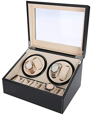 Automatische Uhrenbeweger Box, Uhren Aufbewahrungsboxen mit 4 Uhrenbewe + 6 Uhren, Drehen Mute Uhrenbeweger Display-Boxen PU-Leder für Uhrengeschäft und Zuhause 31 x 24 x 18 cm