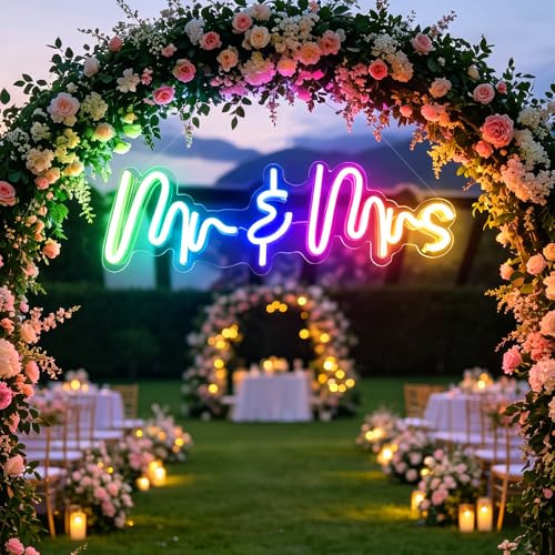Leuchtendes Neonschild Mr & Mrs mit Traumfarbe und intelligenter Dimmbarkeit – perfekte Party-Dekoration und Hochzeitsgeschenk! 60 x 20 cm, LED-Neonlicht, Romote-Steuerung für