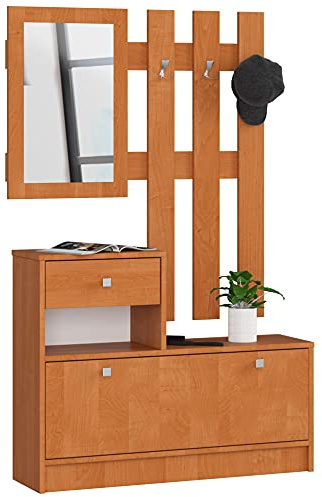 AKORD | Conjunto de zapatero y perchero | Zapatero con 1 compartimento y 1 nicho con 1 cajón 90 x 70 x 25 cm | y Perchero de Pared con Espejo 90 x 100 cm | Set Completo de Entrada | Peso 39 kg | Aliso