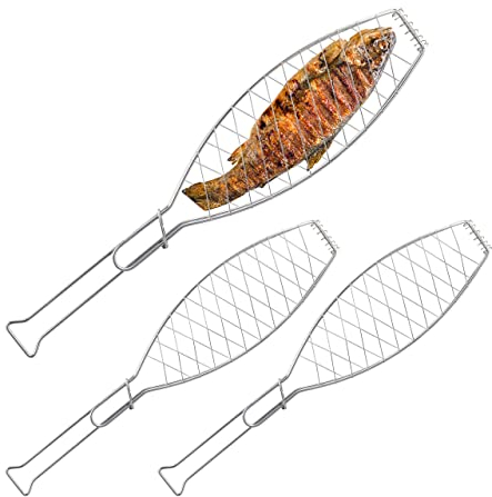 Relaxdays Fischbräter 3er Set, Edelstahl, mit Griff, 54 cm lang, Fischhalter zum Grillen, Grillguthalter Fisch, Silber