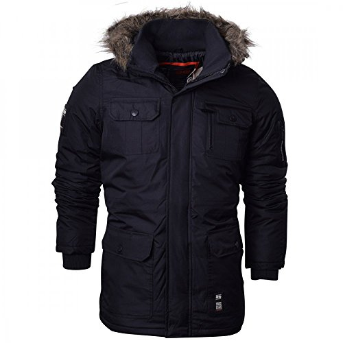 Crosshatch Mens Heavy Weight Fur Hood 'Parked' Parka Padded Waterproof Winter Coat Jacket - X Large - Solid Black