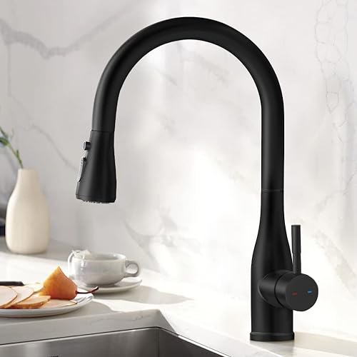 YUANNY Mitigeur de Cuisine Noir avec Douchette Extensible, 3 Modes, Rotatif à 360°, Haute Pression en Acier Inoxydable