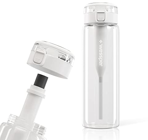 WESSPER Botella de cristal de 680 ml con filtro de agua, sin BPA, a prueba de fugas, botella de cristal con filtro de carbón activo, botella de agua con tapón de rosca para gimnasio, fitness, escuela,