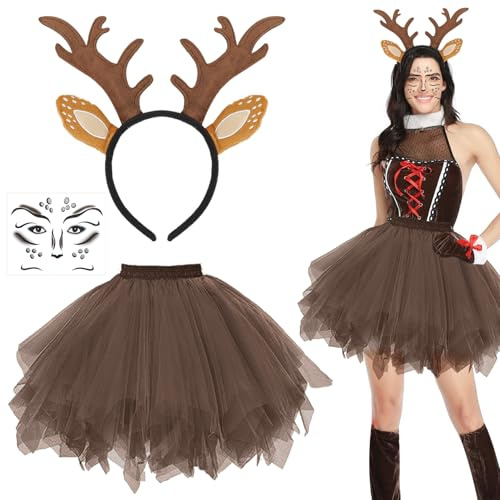 Sprinlot Rentier Haarreif Kostüm Damen, Reh Tüllrock Geweih Ohren Haarreif, Geweih Haarreif mit Rentier Gesicht Tattoo Aufkleber, Reh Kostüm Accessoires Weihnachten Karneval Cosplay, Ertong, C12