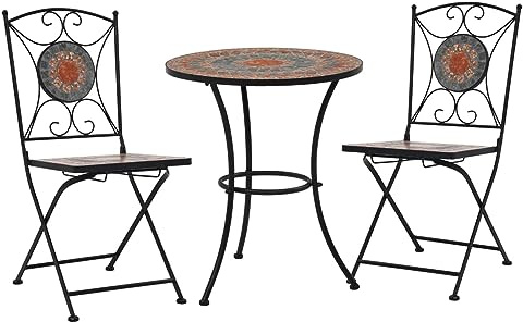 Homgoday 3-TLG. Bistro-Set Gartenmöbel Set Sitzgruppe Stühle und Tisch Essgruppe Gartengarnitur Balkonset Garnitur für Hof Garten Terrasse und Balkon Mosaik Keramik Orange/Grau