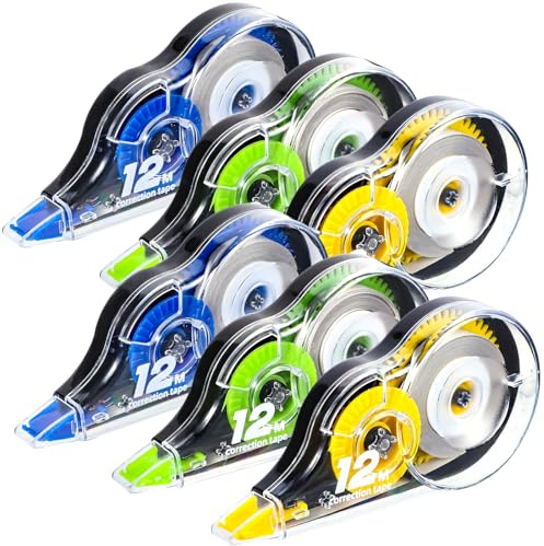 Yoosso 6 Pcs Correction Tape, 12m x 5mm Correctiontape Total 72m White Correction Tape Mouse for Student Office Home School Use(Yellow&Blue&Green)