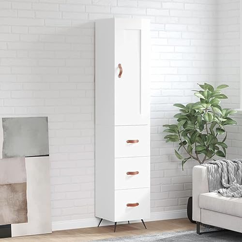 Homgoday Sideboard 34.5 x 34 x 180 cm in Gloss White Plywood Bedside Table Bedroom Bedside Table Sideboard for Bedroom Floor Cabinet xd
