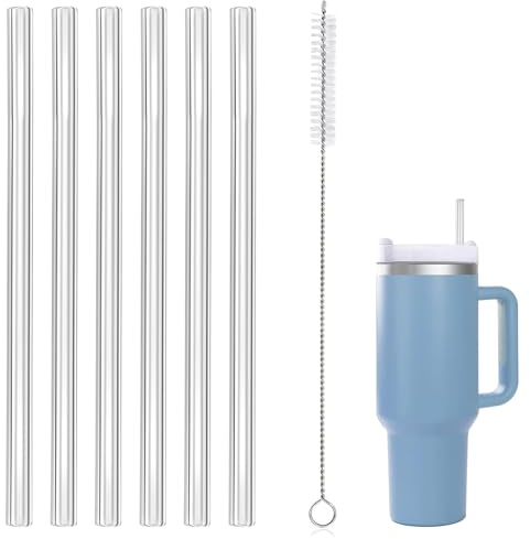 Ersatz Strohhalme Wiederverwendbare Trinkhalme 6 Stück Plastik Transparent Strohhalme mit Reinigungsbürste Kompatibel mit Stanley Trinkbecher und Hydro Flask Wasserflasche, 30.5CM Lang
