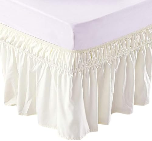 Bettvolant Bettrock mit Rüschen Gefalteter ​Bettrock Elastischer Staub-Rüschen Ruffled Solid Bed Rock, Wrap Around Style, Elastische Bett Wrap Ruffle Bett Rock (153 x 203 x38 cm, Cremefarben