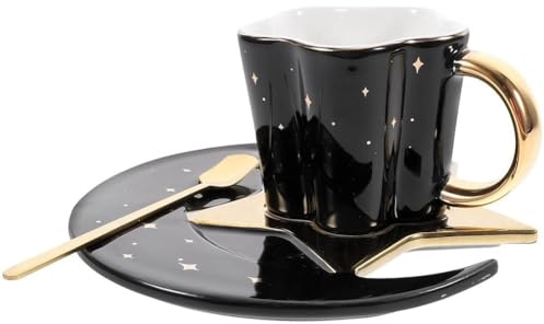 FülleMore Kaffeetasse mit Untertasse und Löffel Set Süß Stern Mond Teetasse Europäische Espressotasse 120ml Cappuccino Tasse Mochatasse Valentinstag Weihnachten Geburtstag Geschenk (Schwarz)