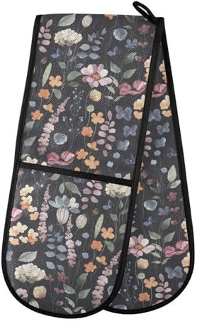 Double Oven Gloves Floral Rustic Dark Blue Heat Resistant Pot Holder Oven Mitt Gloves for BBQ Cooking Baking Grilling Microwave