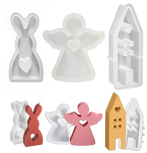 KASESSS 3Pezzi Stampi per Candele, Stampi in Silicone per Candele, 3D Stampo Candele di Pasqua, Casa, Coniglio, Angelo, Fai Da Te Stampi Candele Silicone, Stampini per Realizzare Candele, Aromaterapia