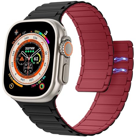 Astorgos Magnetisch Uhrenarmband Kompatibel mit Apple Watch Ultra 3/2/1 49mm,S11/S10 46mm,9/8/7 45mm,SE3/SE2/SE/6/5/4 44mm,3/2/1 42mm, Silikon Armbänder Starker Magnet Link Ersatzarmband,Schwarz/Rot