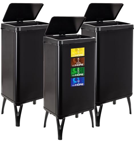 WELL HOME MOBILIARIO & DECORACIÓN 3 Cubos de basura inteligente de 50L c/u, Alto: 83,5 (x35,5x26), negro con etiquetas magnéticas