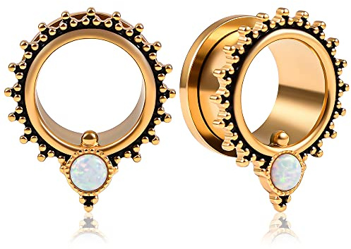 Vankula Ohr Tunnel 1 Paar Double Flared Flesh Plugs Opal Edelstahl für männer damen Ohrpiercing Gestreckte Schmuck 6mm(2G) Gold