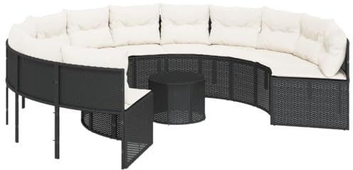 vidaXL Gartensofa mit Tisch und Kissen Rund Schwarz Poly-Rattan, Terrassensofa, Loungesofa, rundes Sofa, Outdoor Sofa, Loungemöbel, Sofa rund