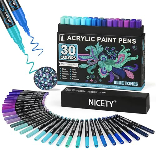 NICETY 30 st akrylpenna - akrylfärgmarkör i glas för trä, duk, glas, keramisk akrylfärgmarkör vattenbaserad på 0,7 mm, extra fin spets (blå)