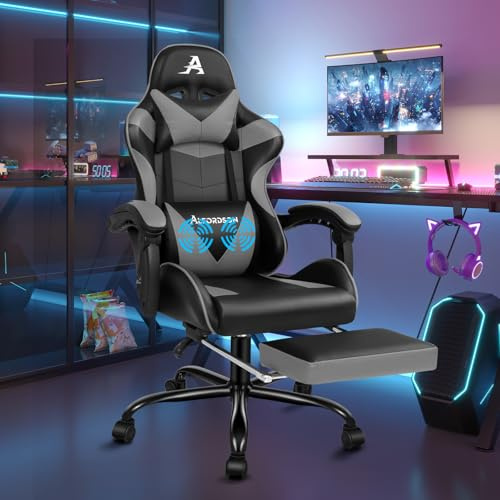 ALFORDSON Racing Game Chair, lutbar och höjdjusterbar, ergonomisk spelkontorsstol, vadderat fotstöd, 180 kg lastkapacitet, grå