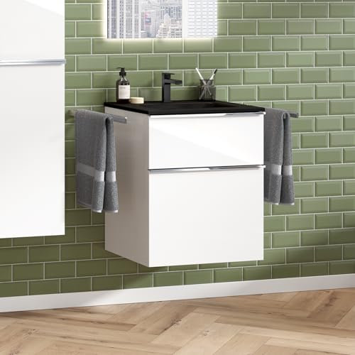 Zentrobad Griff Premium Waschbecken schwarz mit Unterschrank 60 cm Waschtisch Badmöbel Badezimmer Schrank Badschrank mit Zwei Schubladen (weiß glänzend lackiert)