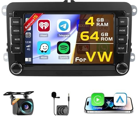 Hikity 4+64G Andriod 15 per VW Golf 5 6 Passat Polo Tiguan Touran Caddy Skoda Seat Autoradio Android con Touch Screen da 7 Pollici, Radio Carplay Android Auto con Navi GPS/Mirror Link/Hi-Fi/Bluetooth