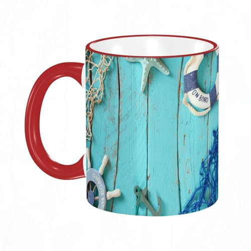 KDWJS Taza divertida de cerámica de 11 onzas,Tazas Originales de Desayuno - Graciosos Ideas para Regalos - Cerámica 330 ml - Vista superior del concepto náutico con objetos de estilo de vida náutico.