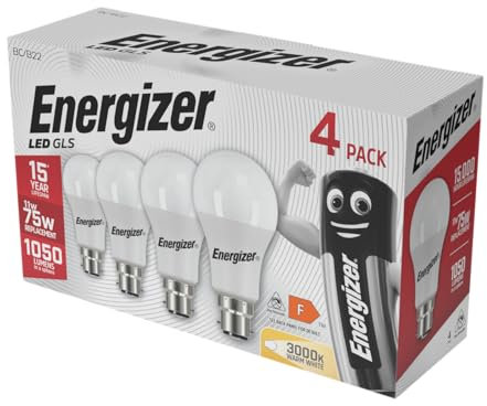 Energizer 75W LED Bayonet Light Bulbs B22/BC – 75 Watt Equivalent, 11W Energy-Saving, 1050 Lumens, 3000K Warm White, Pack of 4