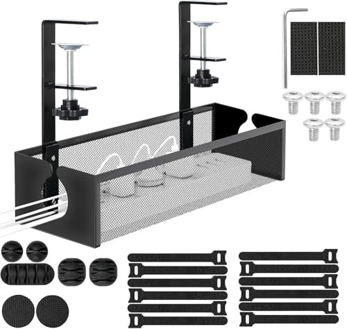 Under Desk Cable Management Tray, No Drill Steel Desk Cable Organizers, Cable Management Tray, 34cm Metal Cord Organizer, No Screws Tidy Box Wire Organiser for Home, Office, Internet Cafe
