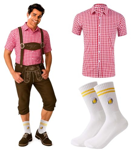 YYSWSAKY Conjunto de Oktoberfest para hombre, camisa tradicional, calcetines, camisa Oktoberfest, camisa tradicional, camisa a cuadros, calcetines de cerveza, calcetines bordados (red, L)
