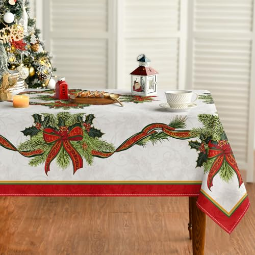 Artoid Mode Poinsettie Ribbon Blumen Blätter Schleifen Weihnachten Tischdecke 140x220 cm, Winter Fleckschutz Tischwäsche Küche Dekoration Party Dekor