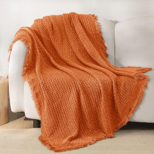 Exclusivo Mezcla Knit Throw Blanket with Fringes for Sofa, Burnt Orange | 100% Acrylic Lightweight Breathable Woven Blanket for Summer, Super Soft Decorative Blanket with Tassel for Dorm, 127x152 cm