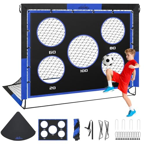 MoKo Fußballtore für den Garten, 150×120 cm Großes Pop-up-Tornetz mit Zieltafel, Tragbare Fußballtrainingsausrüstung für Kinder zum Üben, Outdoor-Sportspiel, Schwarz+Blau