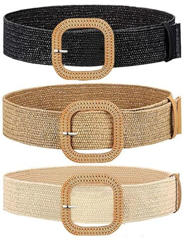 Cinturón Ancho De Paja De 3 Piezas, Cinturón Trenzado Con Hebilla Cuadrada De Algodón Y Lino, Cinturón Elástico Trenzado Para Mujer, Adecuado Para Vestidos, Faldas De Playa De Verano.