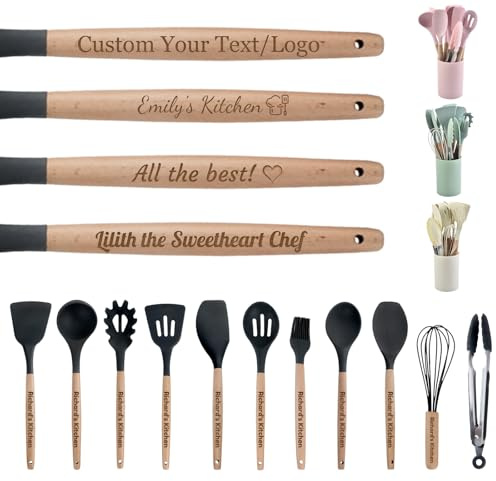 Personalised Silicone Cooking Utensils Set with Wooden Handles Custom Engraved Name and Icon Silicone Kitchen Gadgets and Tools for Chefs Cooking Enthusiasts Wedding Christmas Housewarming (11 Pcs)