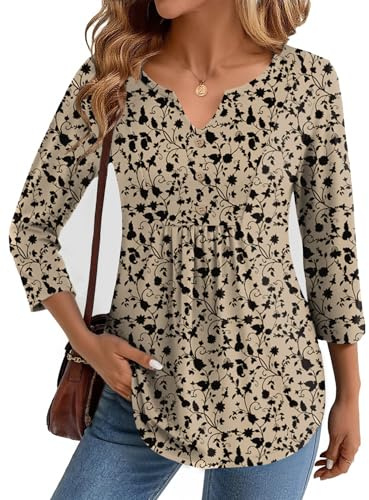 Zeagoo 3/4 Sleeve Top for Women V Neck Tshirts Loose Fit Tunics Pleated Flowy Dressy Blouse Casual Button Work Shirt