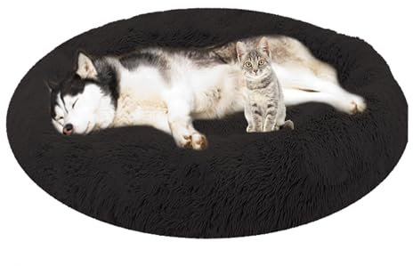 ADUODAO Donut Haustierbett, Katzenkissen, Welpenkissen, maschinenwaschbar, flauschiges Donut-Kissen, Anti-Angst, rundes Hundesofa, orthopädischer Haustier-Kissen, Korb (90 x 90 x 20 cm, Schwarz)