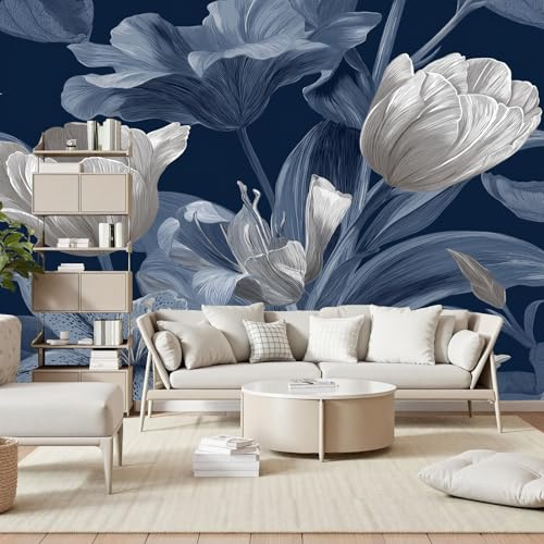 Gaqinhh Fleur de Lys Blanche Papier Peint Panoramique, Blau Pflanzen Blätter Papier Peint Intissé, Tapisserie Murale Cuisine Salle de Bain, Décoration Murale Chambre, 150 x 105 cm